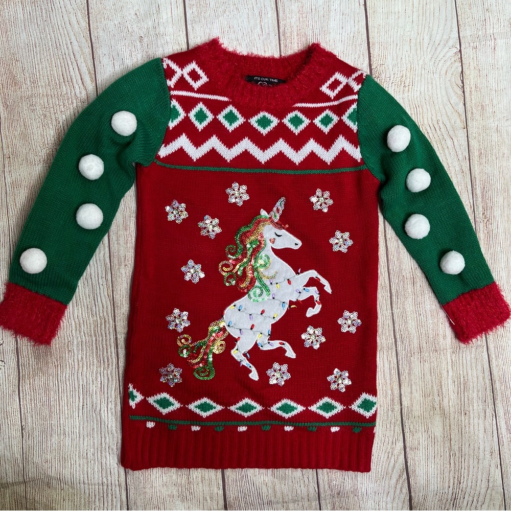 NEW It’s Our Time Girls Ugly Christmas Unicorn Sweater Dress Size XS Girls